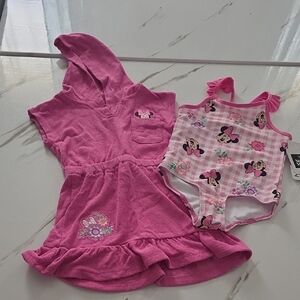 Disney Pink Minnie Mouse Hooded Terry Dress & Gingham One-Piece Swim